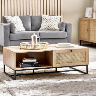 Padstow 120cm Coffee Table with Storage - Oak, Rattan