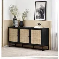 Padstow 160cm Large Sideboard with 3 Doors - Black, Rattan