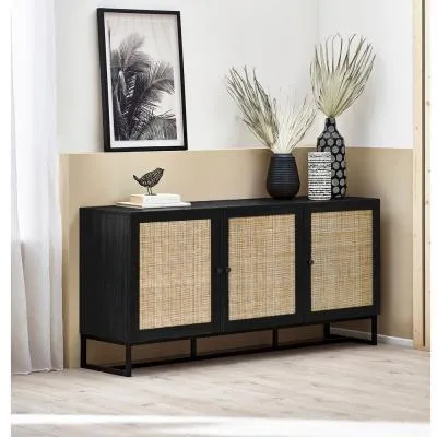 Padstow 160cm Large Sideboard with 3 Doors - Black, Rattan image