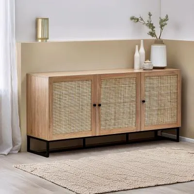 Padstow 160cm Large Sideboard with 3 Doors - Oak, Rattan