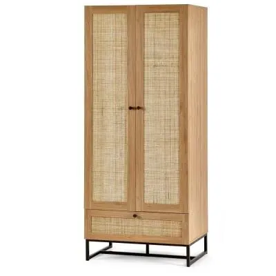 Padstow 2 Door Wardrobe with Drawer - Oak, Rattan