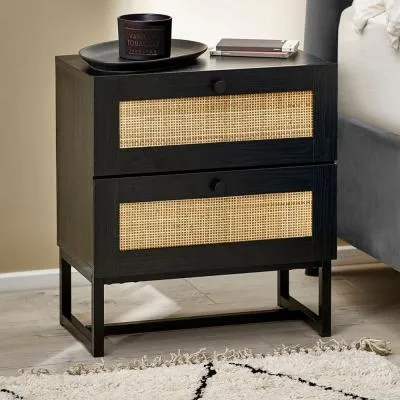 Padstow 2 Drawer Bedside Cabinet - Black, Rattan image