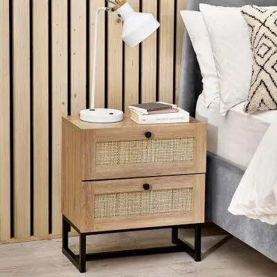 Padstow 2 Drawer Bedside Cabinet - Oak, Rattan