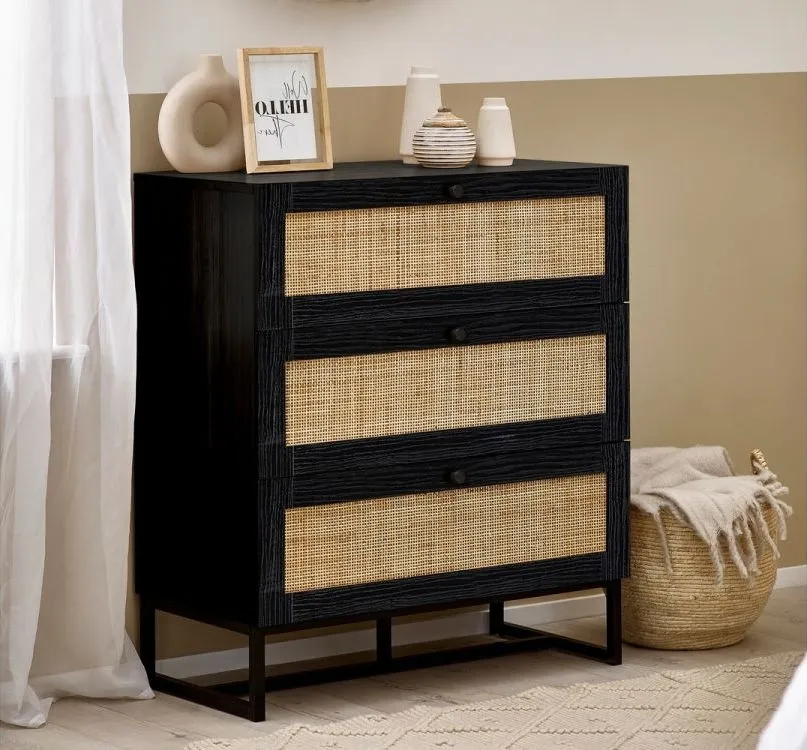 Padstow 3 Drawer Small Chest - Black, Rattan