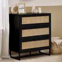 Padstow 3 Drawer Small Chest - Black, Rattan