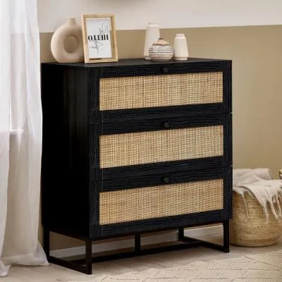 Padstow 3 Drawer Small Chest - Black, Rattan image