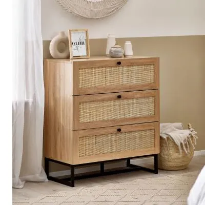 Padstow 3 Drawer Small Chest - Oak, Rattan