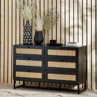 Padstow 6 Drawer Wide Chest - Black, Rattan