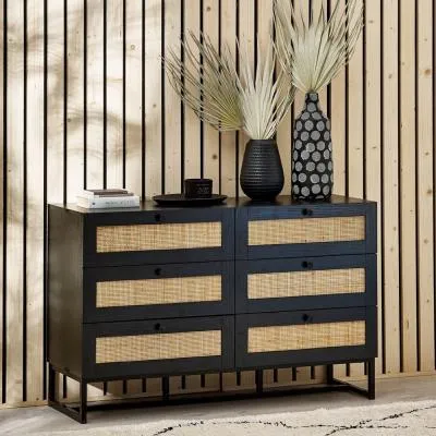 Padstow 6 Drawer Wide Chest - Black, Rattan image