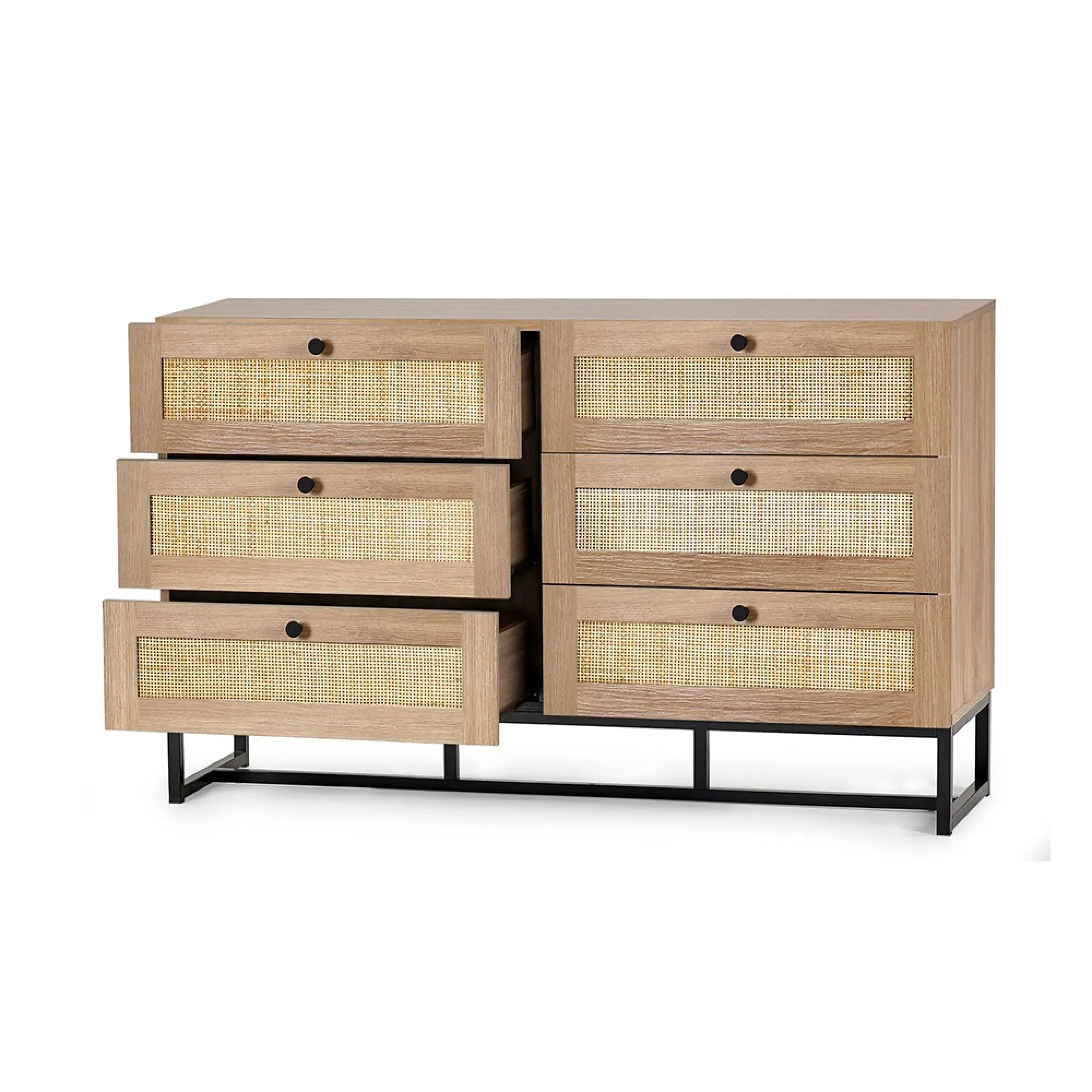 Padstow 6 Drawer Wide Chest - Oak, Rattan