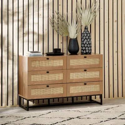 Padstow 6 Drawer Wide Chest - Oak, Rattan
