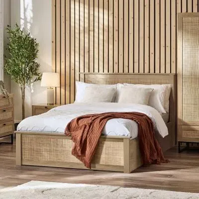 Padstow Ottoman Bed with Storage - Oak, Rattan
