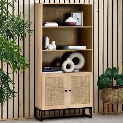 Padstow Tall Bookcase - Oak, Rattan