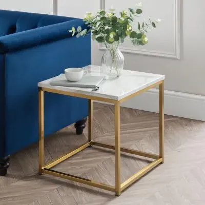 Scala Square Lamp Table - White, Marble Effect