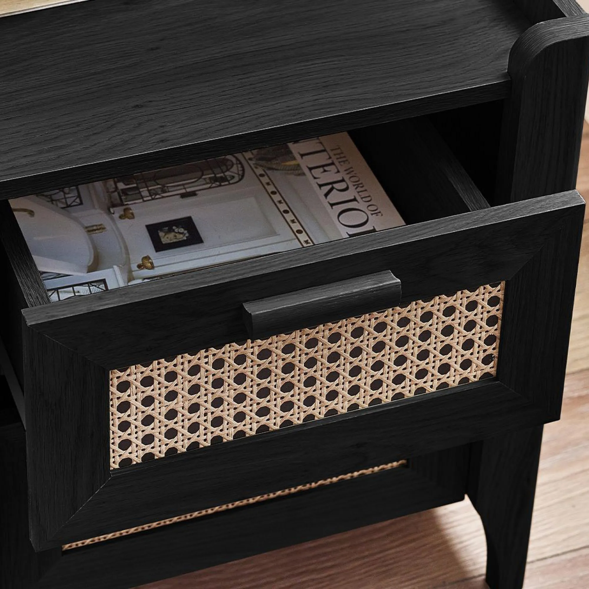 Sydney 2 Drawer Bedside Cabinet - Black, Faux Rattan