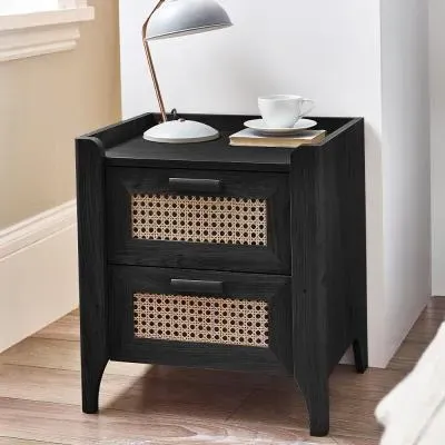 Sydney 2 Drawer Bedside Cabinet - Black, Faux Rattan image