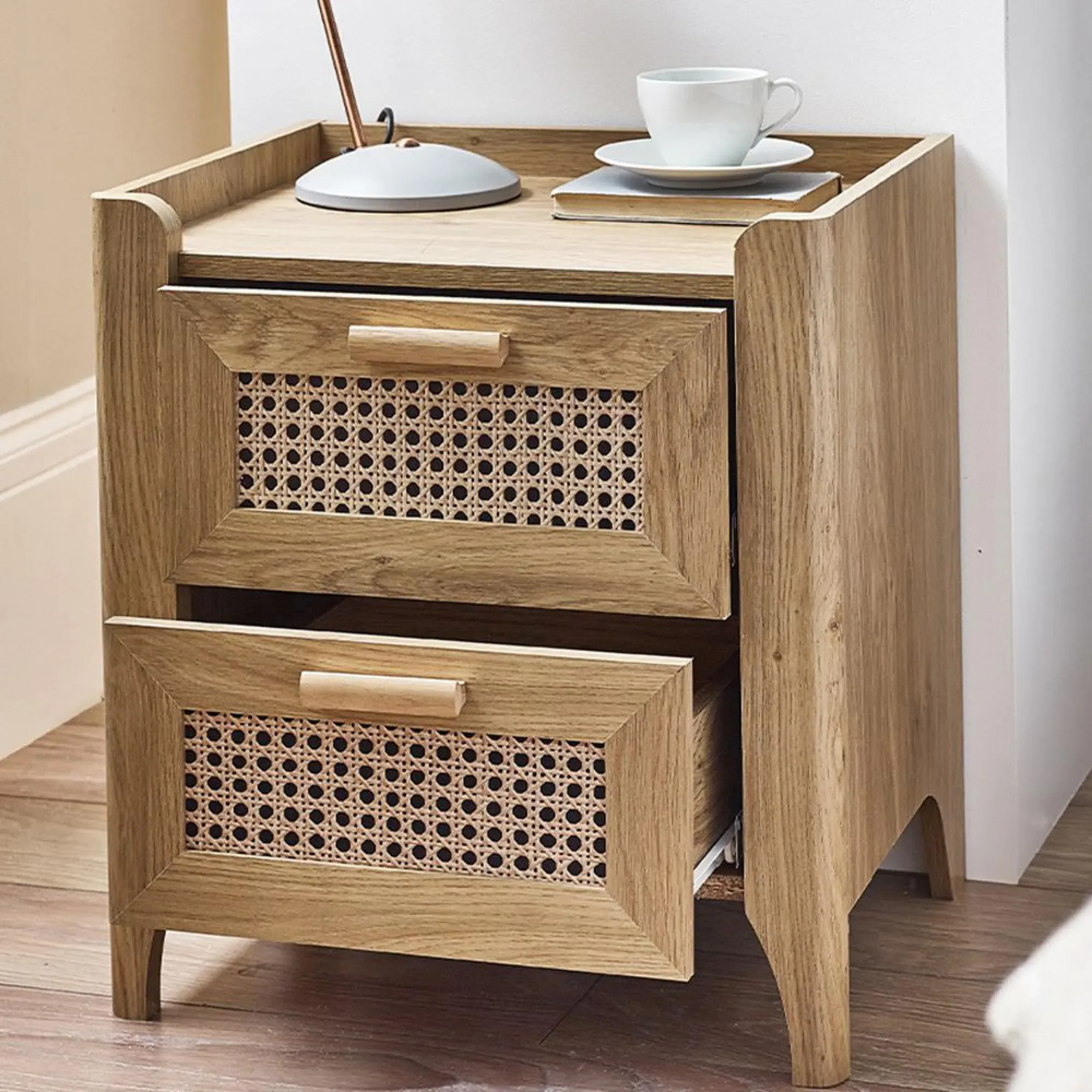 Sydney 2 Drawer Bedside Cabinet - Oak, Faux Rattan