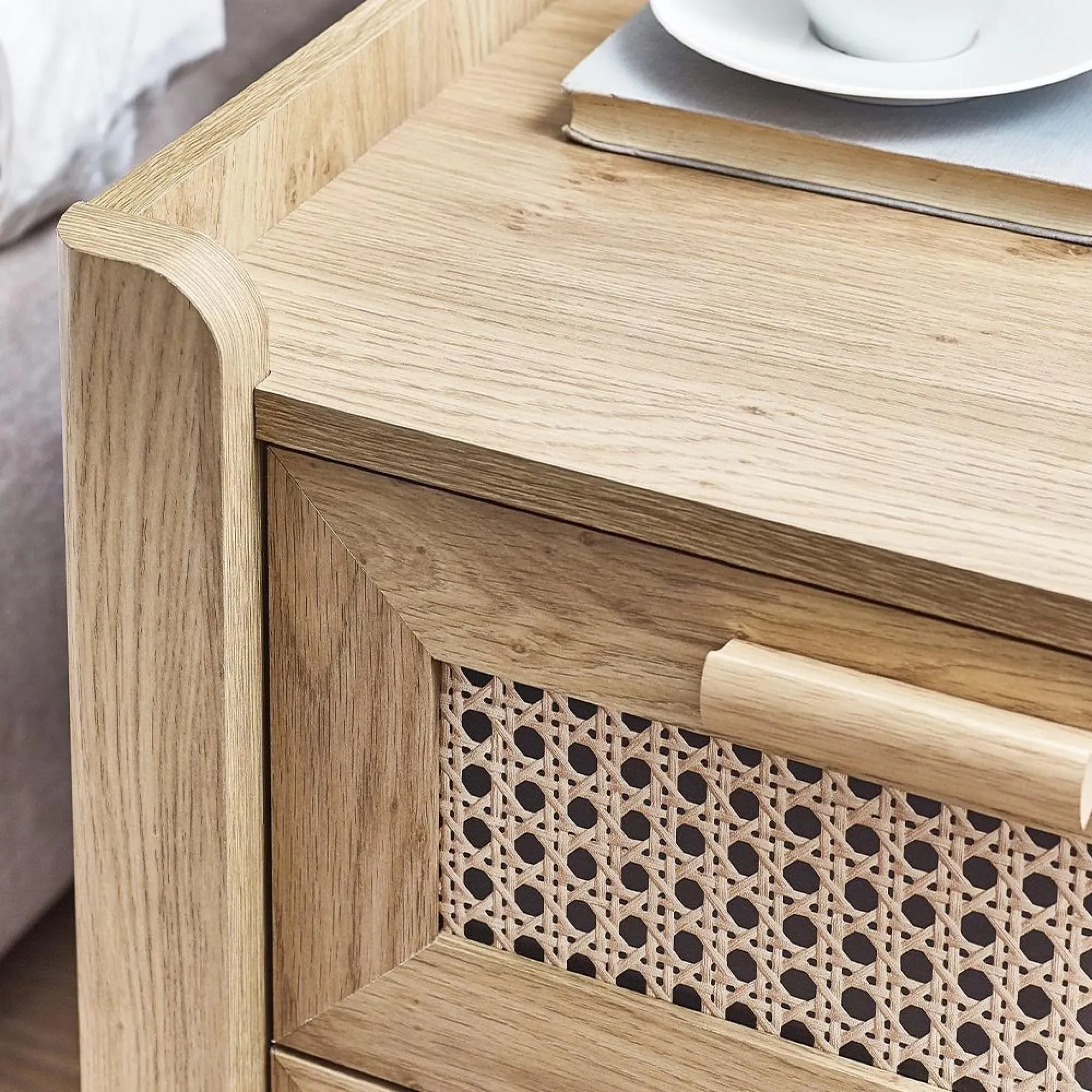 Sydney 2 Drawer Bedside Cabinet - Oak, Faux Rattan
