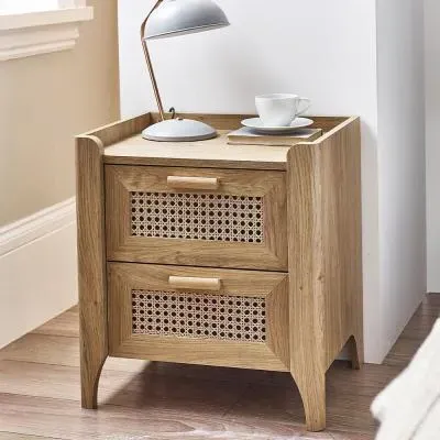 Sydney 2 Drawer Bedside Cabinet - Oak, Faux Rattan