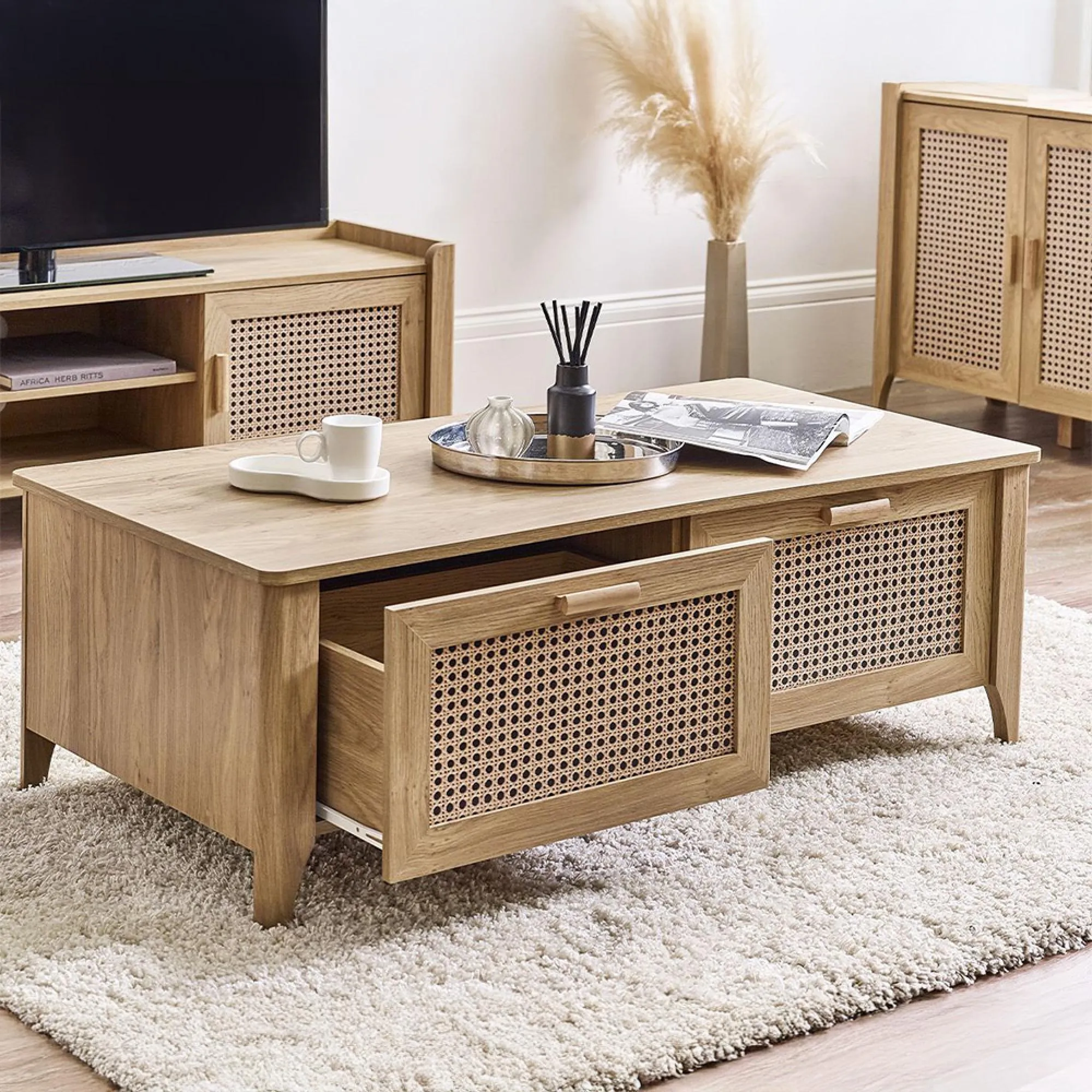 Sydney 2 Drawer Coffee Table - Oak, Faux Rattan