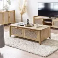 Sydney 2 Drawer Coffee Table - Oak, Faux Rattan