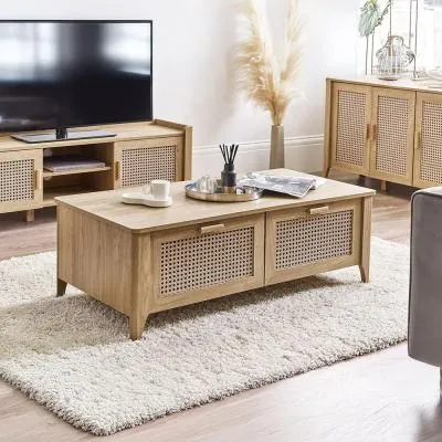 Sydney 2 Drawer Coffee Table - Oak, Faux Rattan image