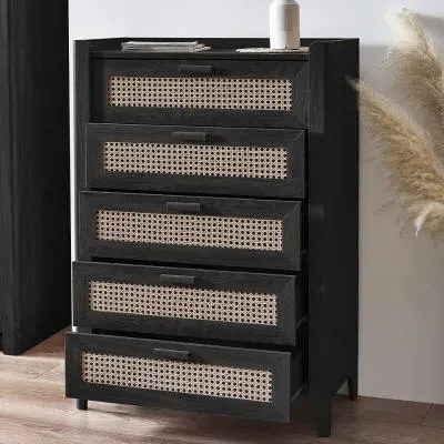 Sydney 5 Drawer Chest - Black, Faux Rattan image