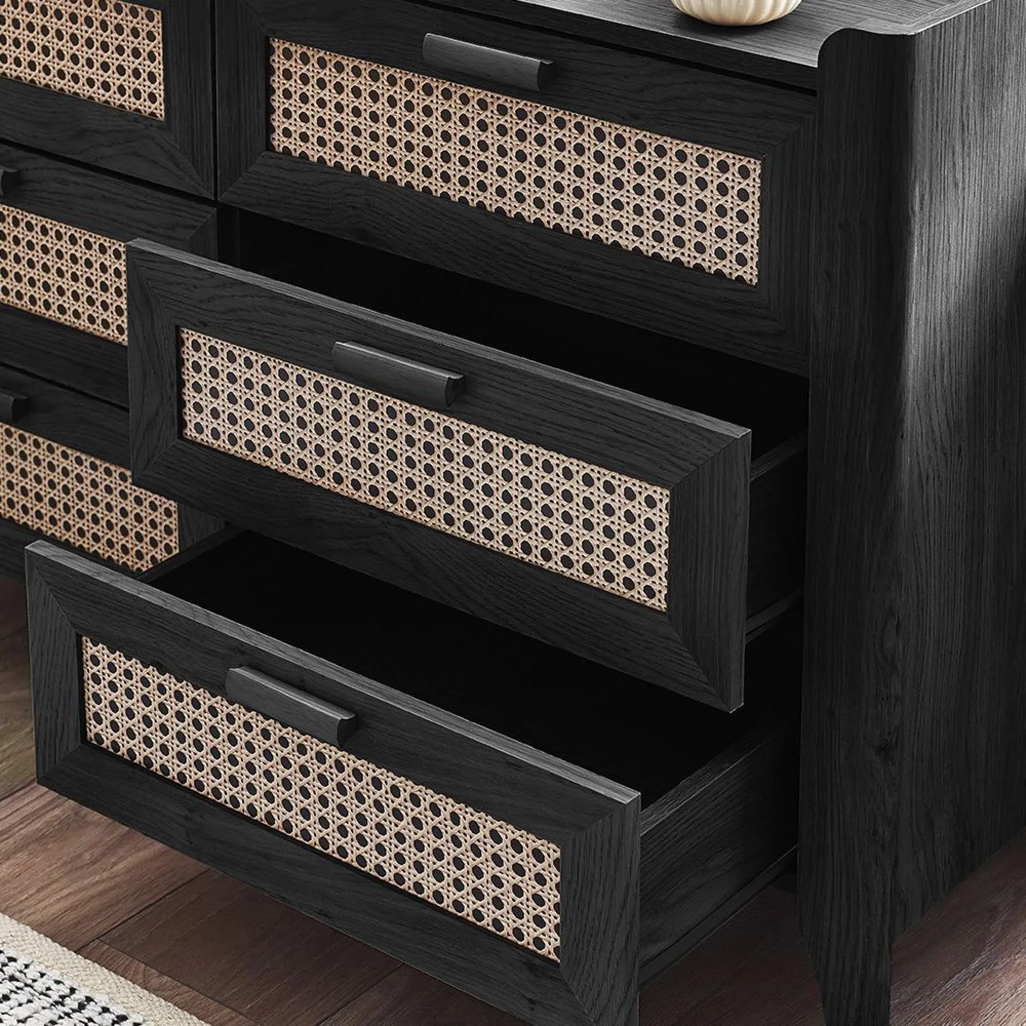 Sydney 6 Drawer Wide Chest - Black, Faux Rattan