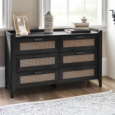 Sydney 6 Drawer Wide Chest - Black, Faux Rattan image