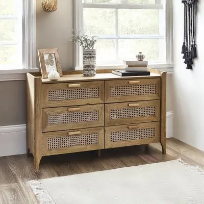 Sydney 6 Drawer Wide Chest - Oak, Faux Rattan
