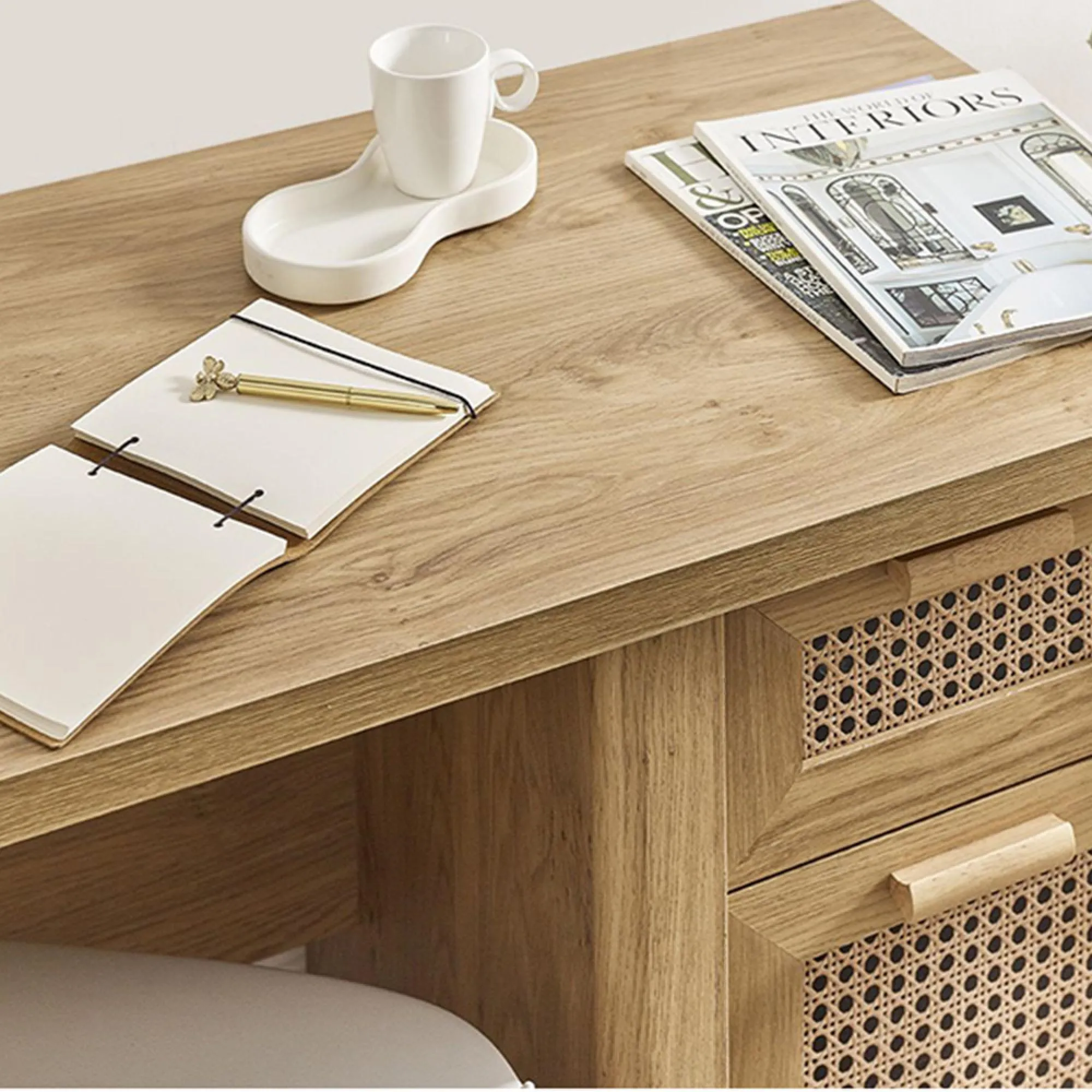 Sydney Faux Rattan 1 Door 1 Drawer Desk - Oak