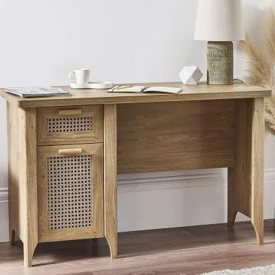 Sydney Faux Rattan 1 Door 1 Drawer Desk - Oak image