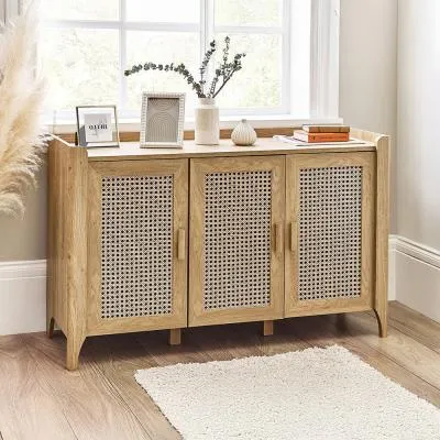 Sydney Faux Rattan 3 Door Sideboard - Oak image