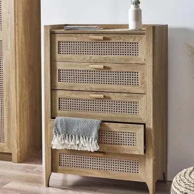 Sydney Faux Rattan 5 Drawer Midi Chest - Oak image