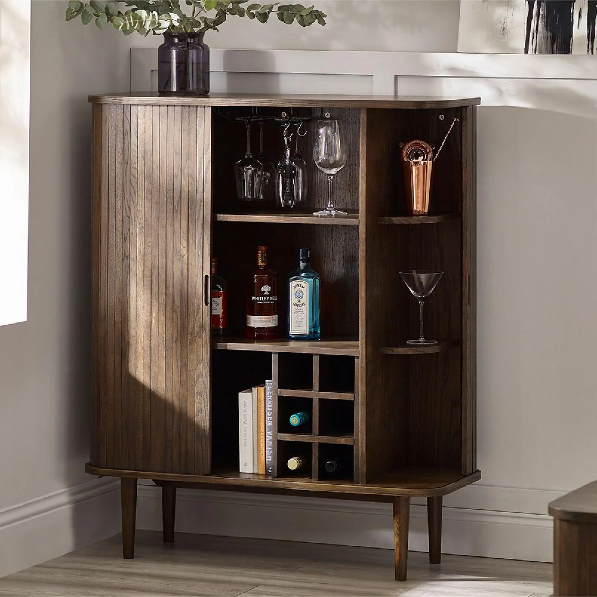 Tambour Ribbed 2 Door Wine Cabinet - Dark Oak