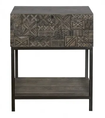 Sahara Carved 1 Drawer Side Table - Black Washed, Mango Wood