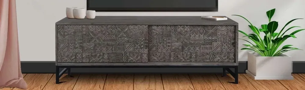 Sahara Carved Mango Wood TV Unit with Sliding Door - Black Washed
