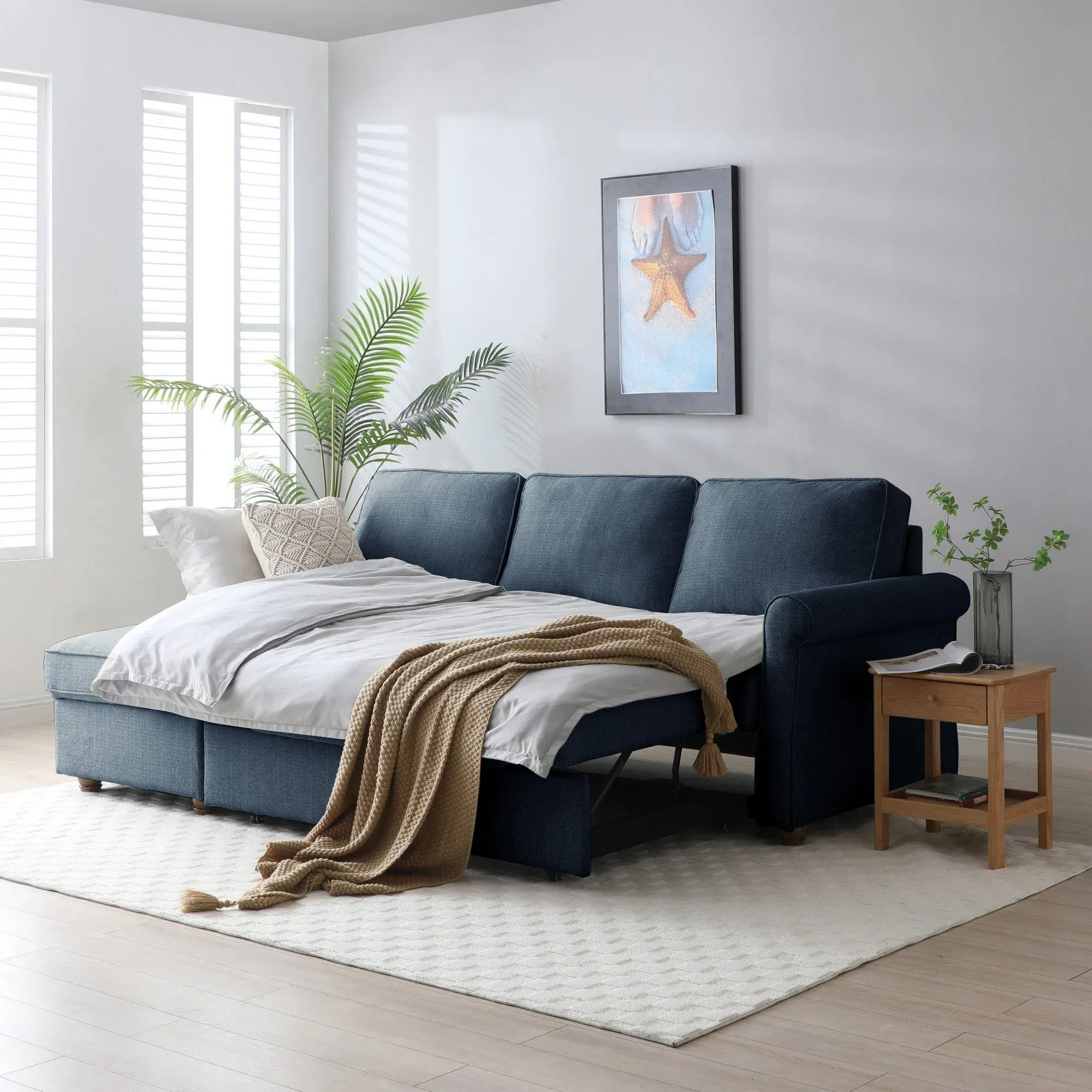 Arthur Corner Pull Out Sofa Bed with Storage - Navy, Fabric