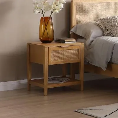 Max Wood and Rattan 1 Drawer Bedside Table - Oak image