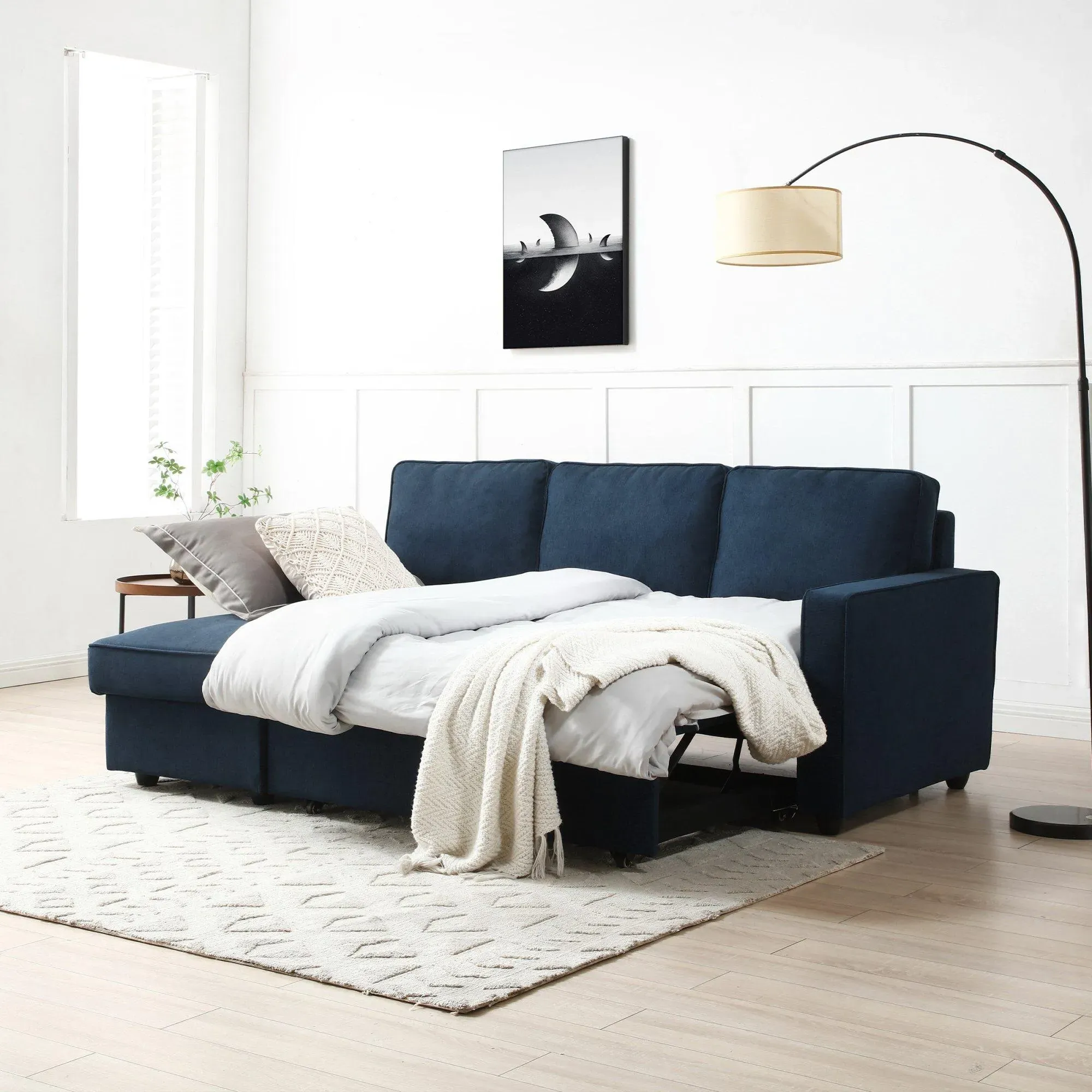 Myles Corner Sofa Bed - Blue, Fabric