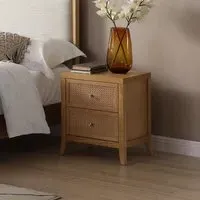 Zach 2 Drawer Bedside Table - Oak, Wood and Rattan