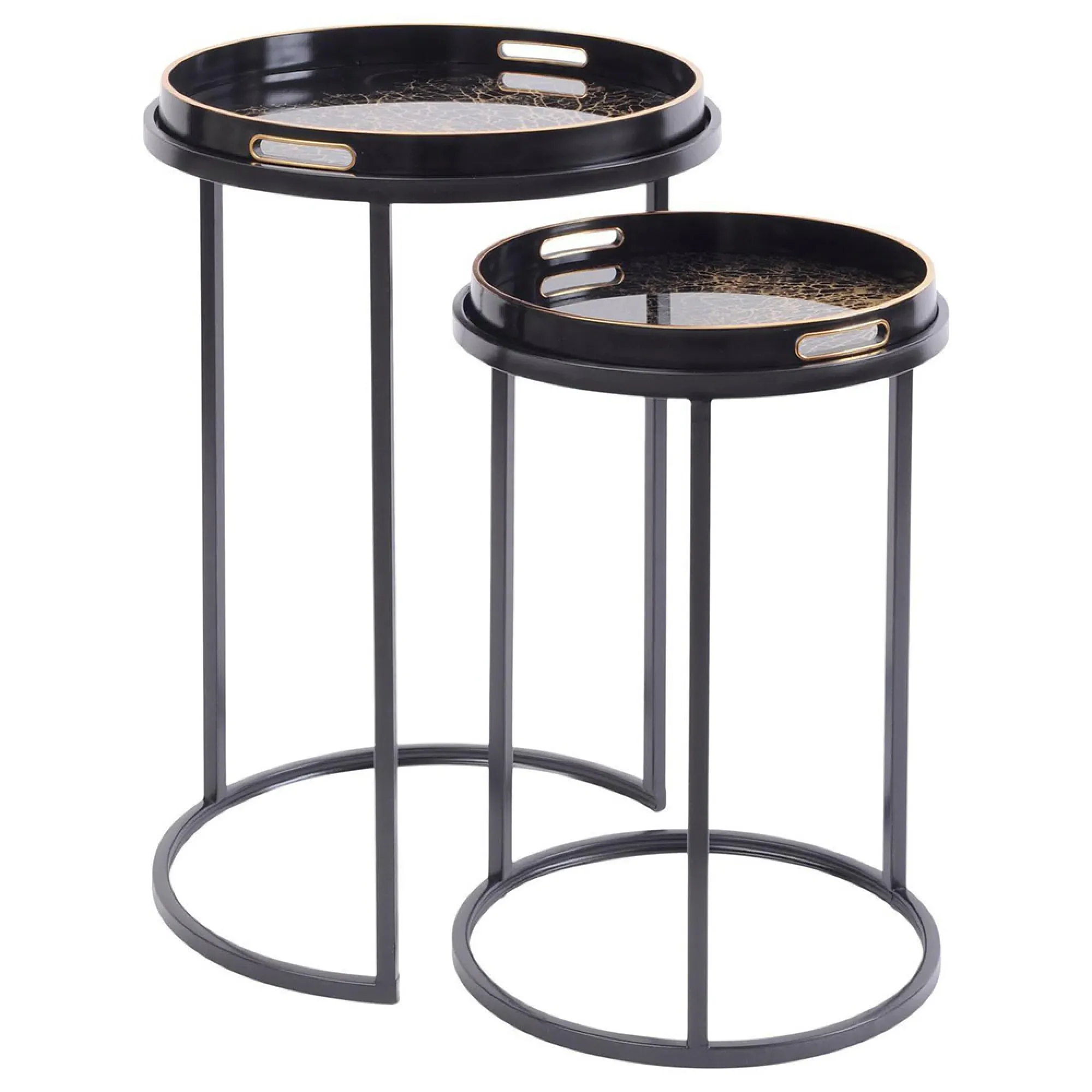 Coral Design Round Side Tray Table - Set of 2, Gold and Black