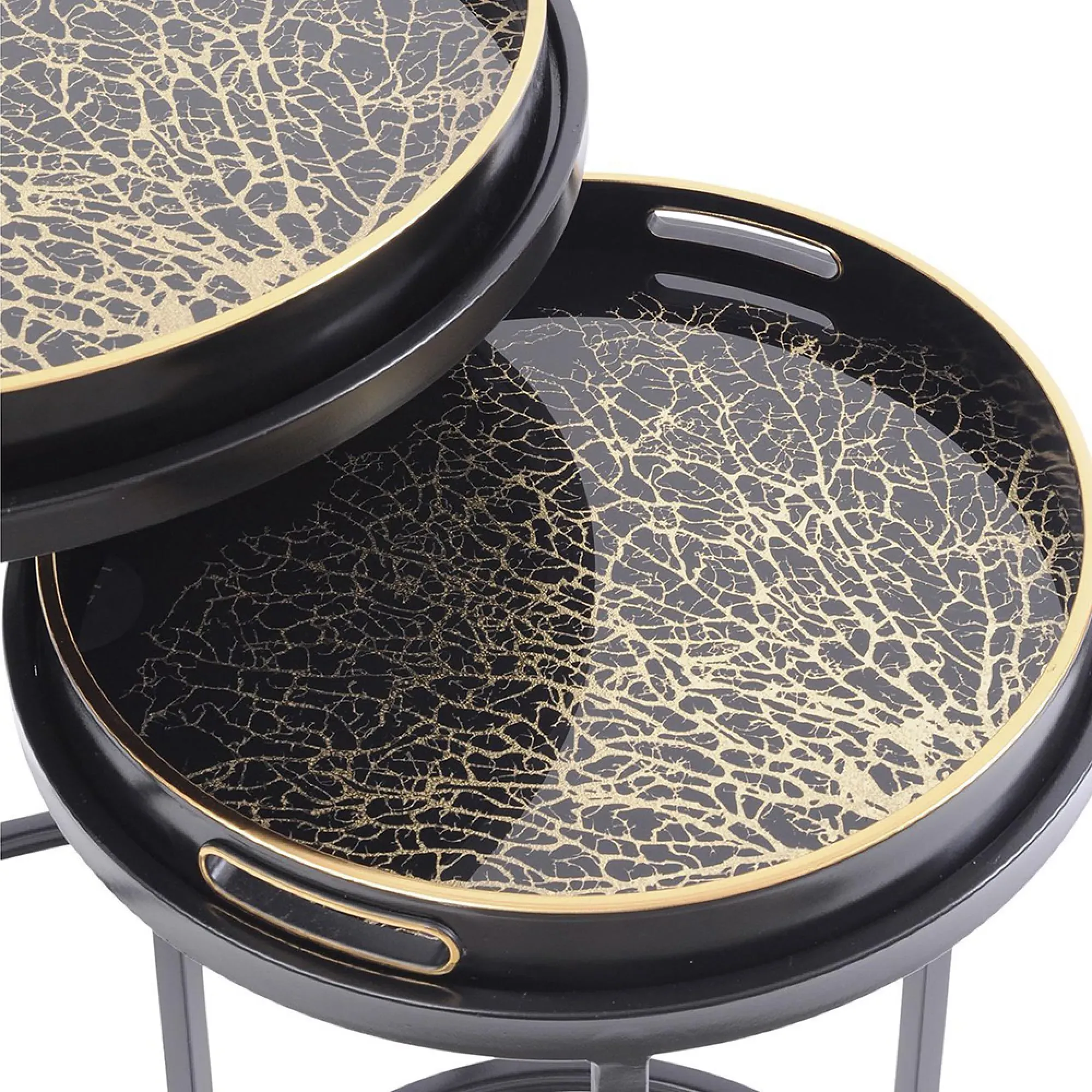Coral Design Round Side Tray Table - Set of 2, Gold and Black