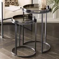 Coral Design Round Side Tray Table - Set of 2, Gold and Black