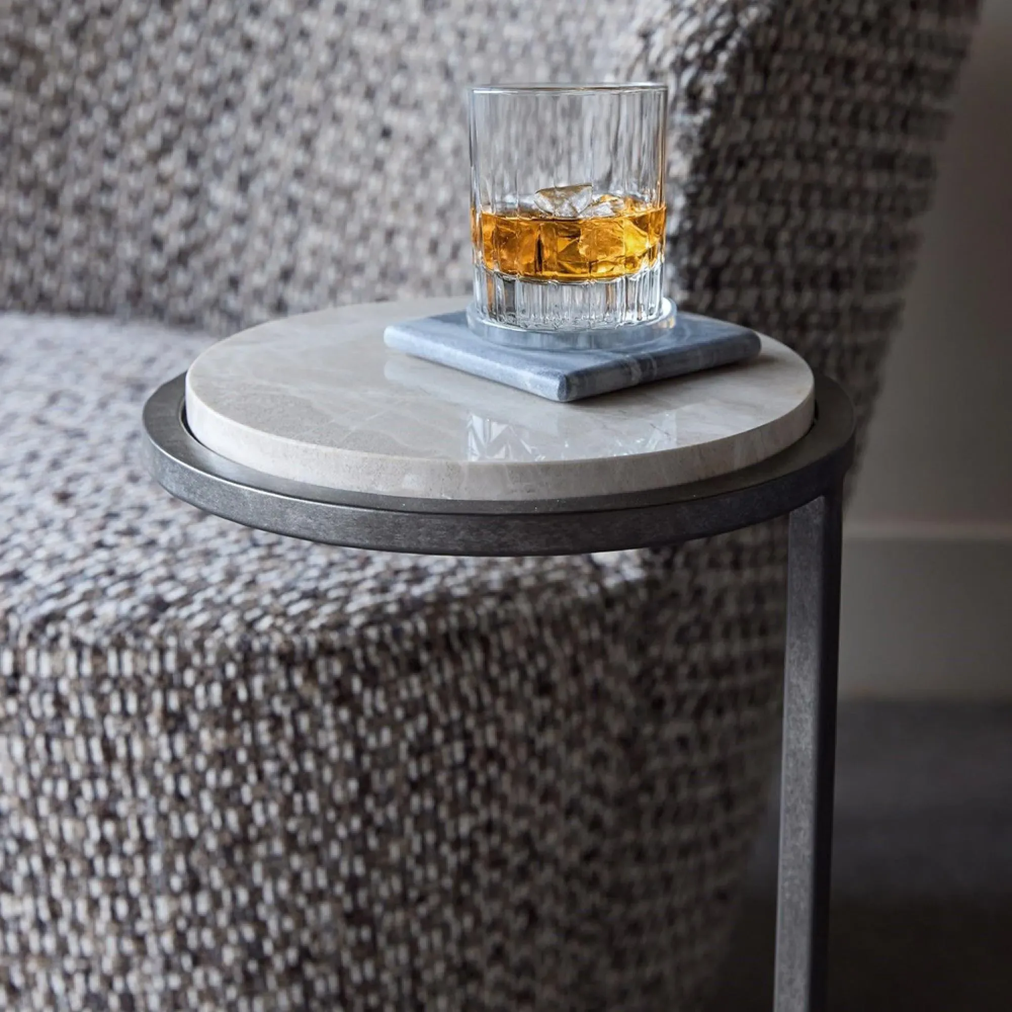 Iota Round Accent Table - Grey, Emperador Marble