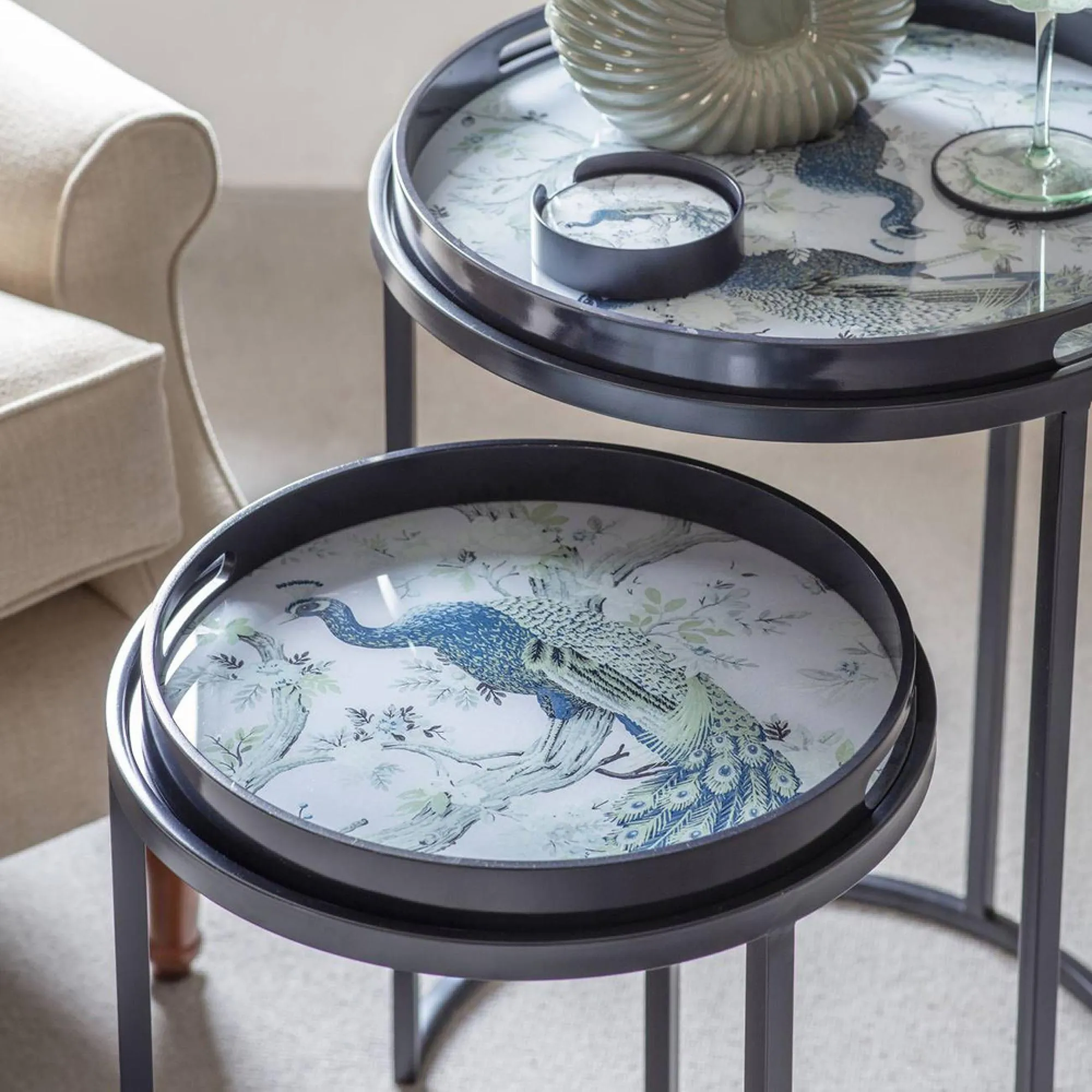 Laura Ashley Belvedere Round Side Tray Table Set of 2 - Blue