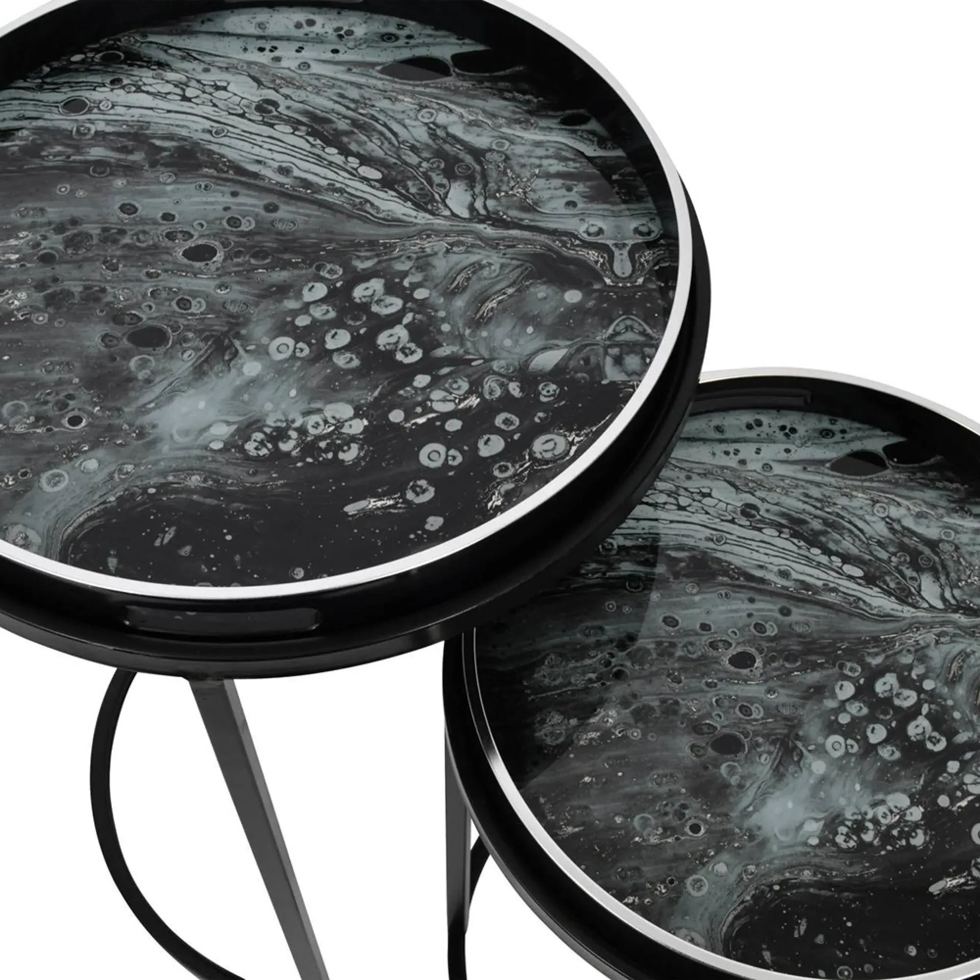 Monochrome Swirl Round Side Tray Table Set of 2 - Black