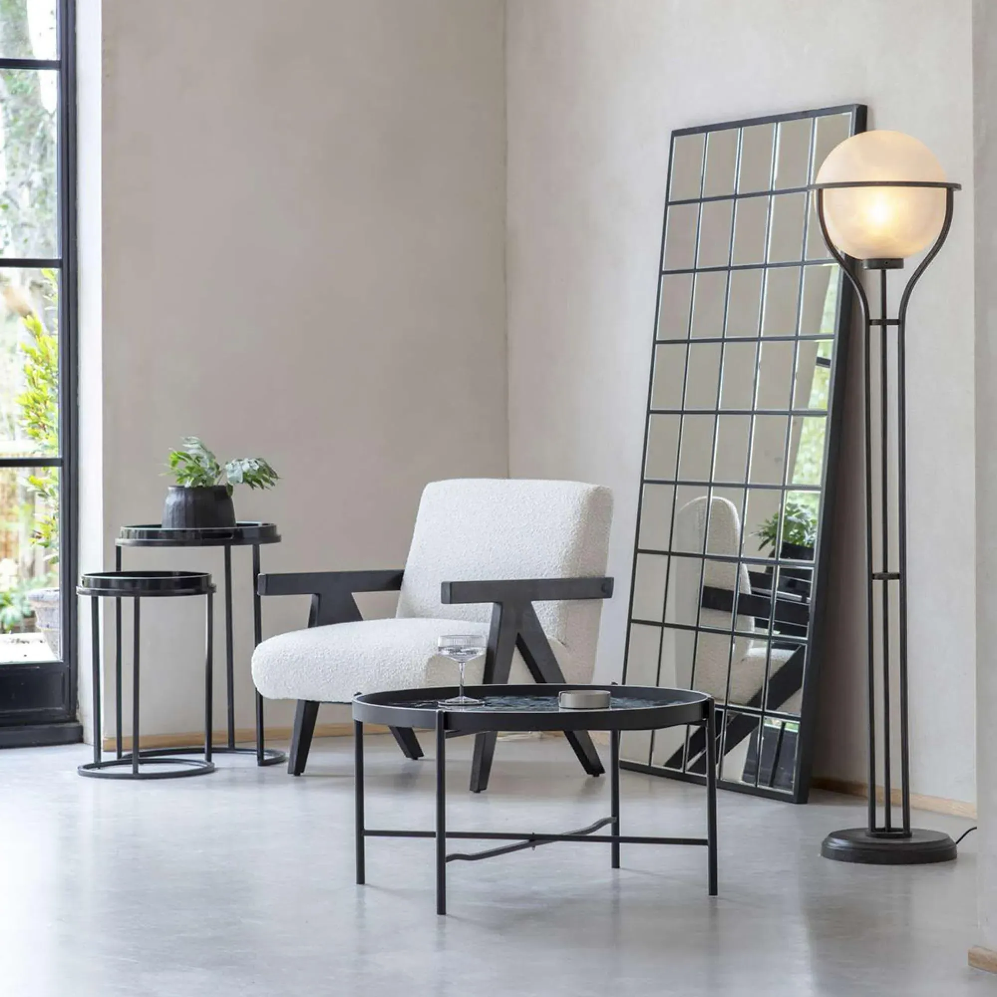 Monochrome Swirl Round Side Tray Table Set of 2 - Black