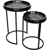 Monochrome Swirl Round Side Tray Table Set of 2 - Black
