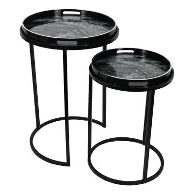 Monochrome Swirl Round Side Tray Table Set of 2 - Black image